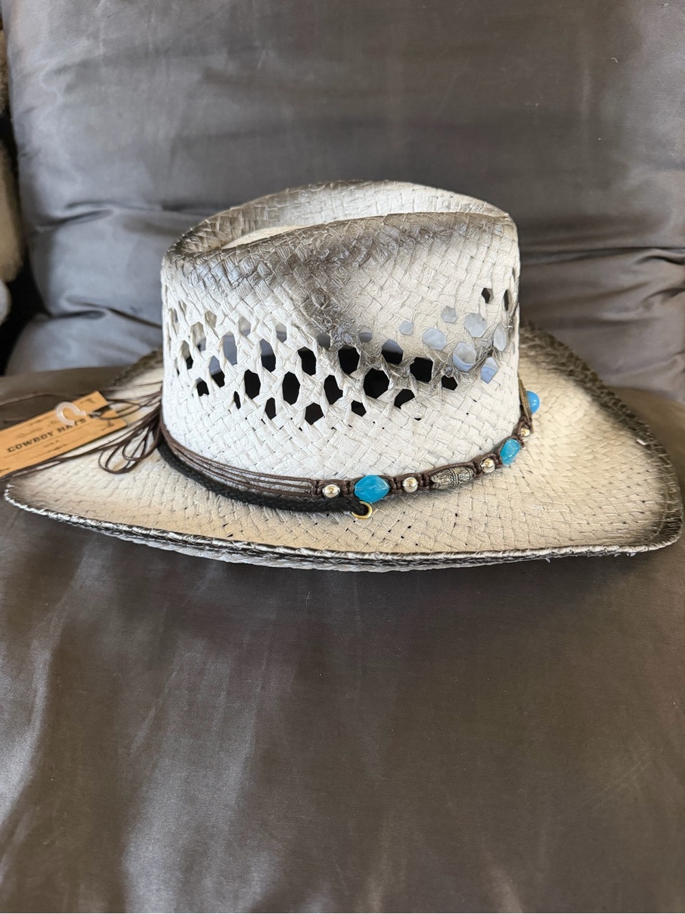 NWT Straw Cowboy Hat w/Turquoise Concho.  *sweatband 23”  (Boho, Western, Beach) - Picture 4 of 4